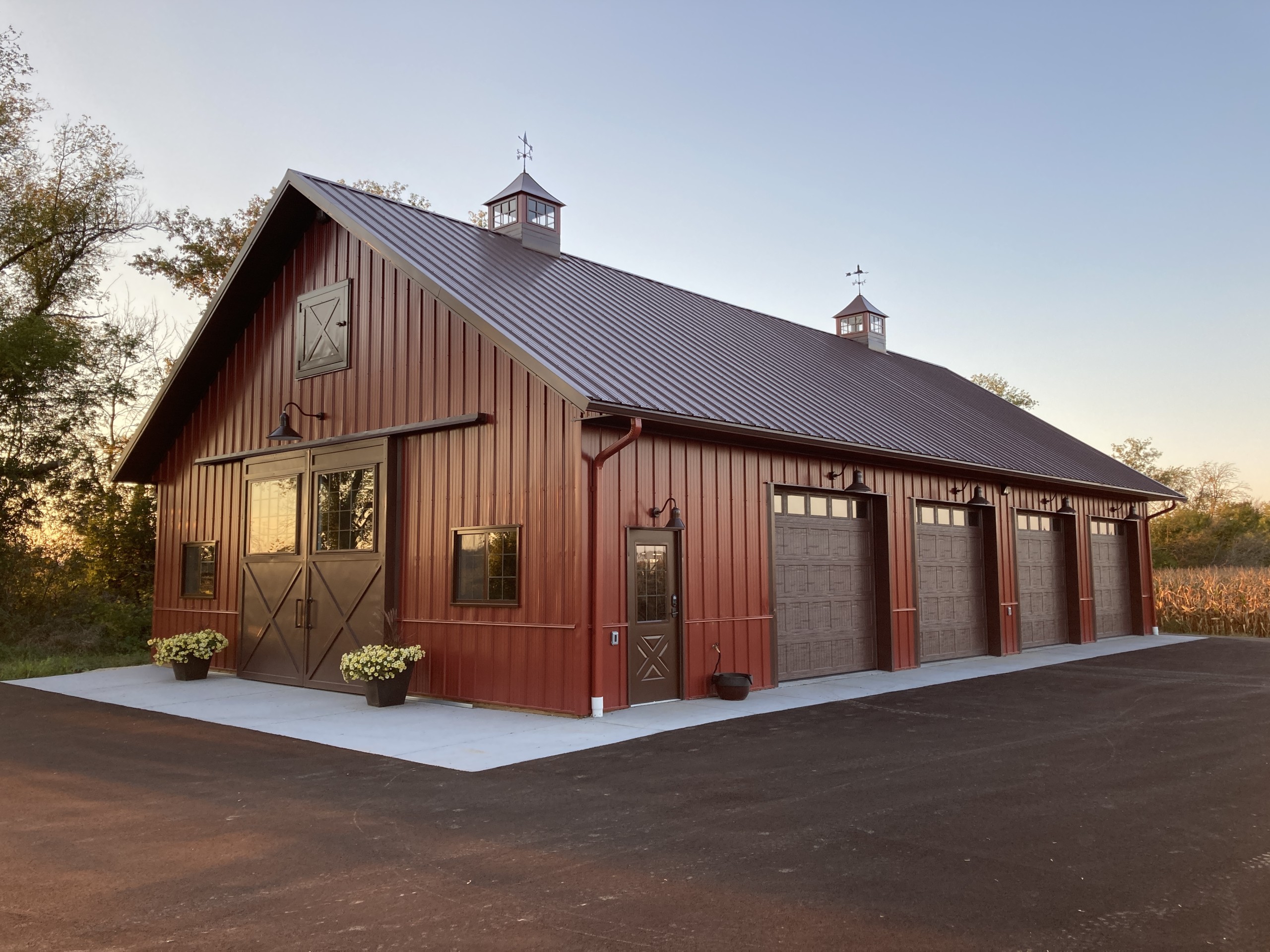 36′ × 64′ custom machinery storage building with overhead doors closed