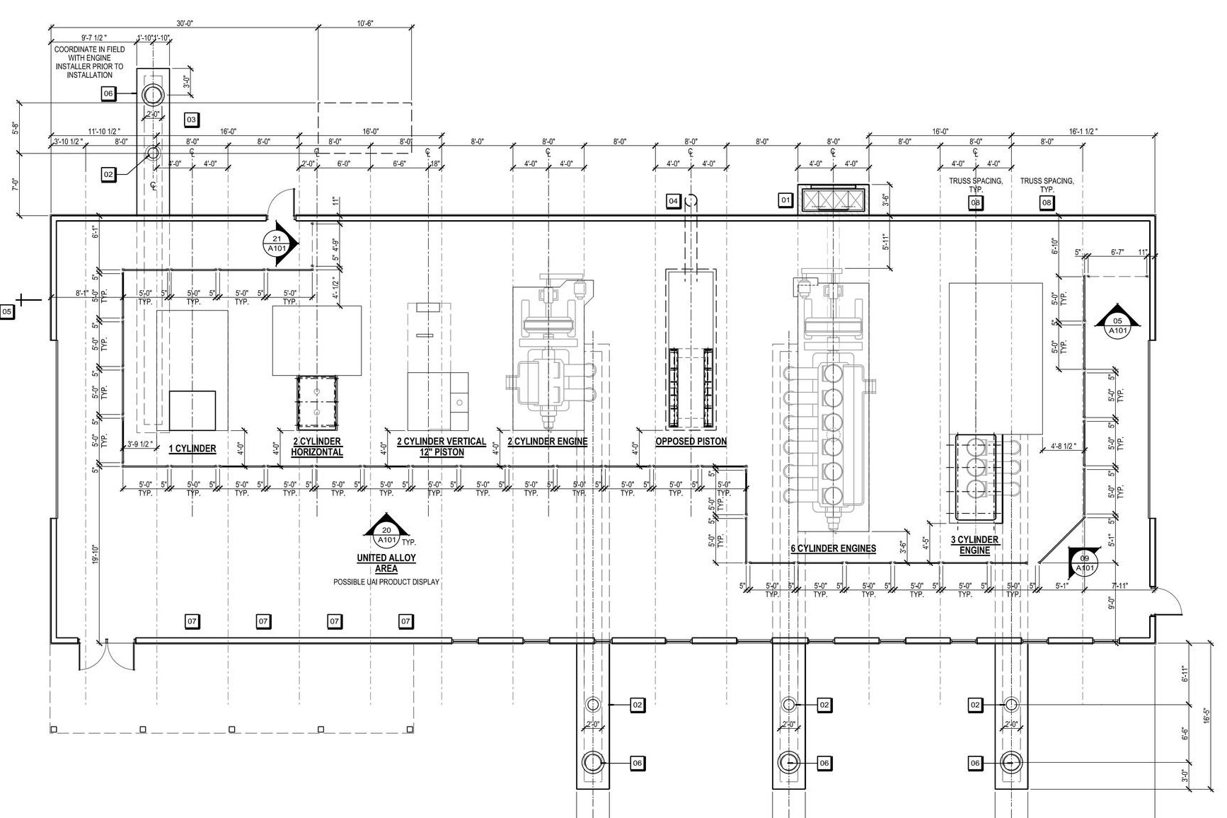 Interior floor plan for the Baer Powerhouse showing historic stationary engine displays, visitor circulation, TV locations, and exterior exhaust stack coordination.