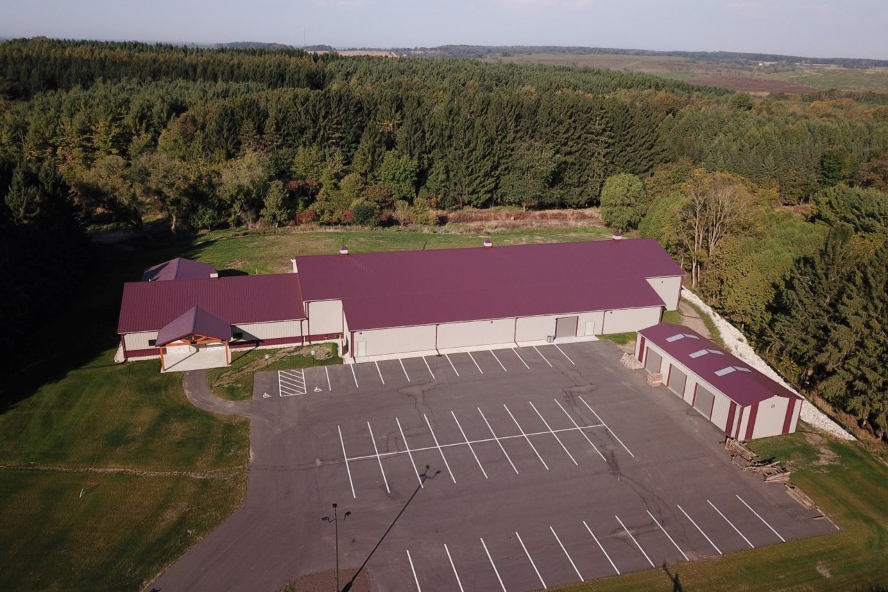 Aerial view of the Horicon Marsh Archers indoor archery range, clubhouse and surrounding property
